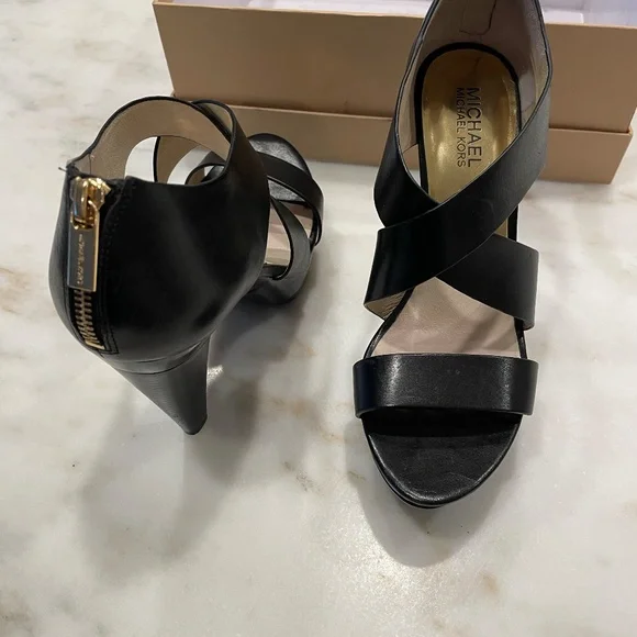 Holiday Dress Black Leather Shoe Sandals, Michael Kore Elena Platform Modern - Picture 6 of 10